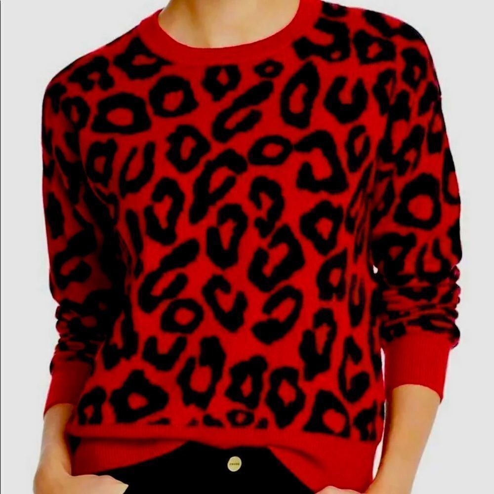 Aqua Womens Red Crew-Neck Drop-Shoulder Leopard Jacquard Cashmere Sweater